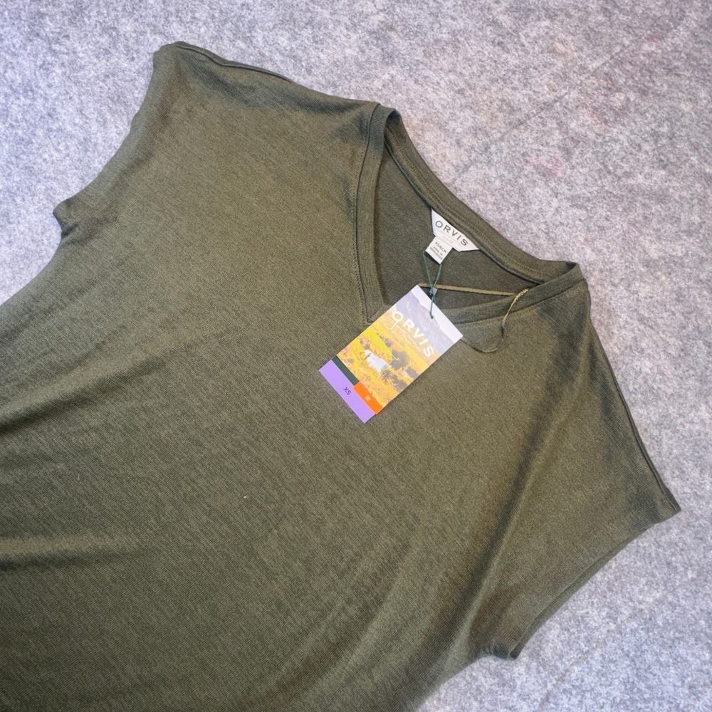 Orvis Womens Tunic Knit Top Olive Green V-Neck Cap Sleeve Relaxed Fit XS New